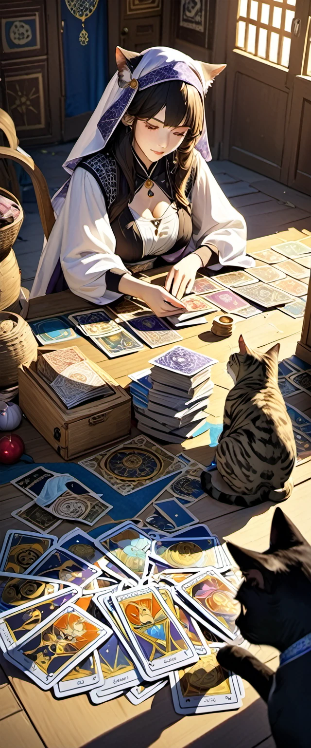 tarot fortune teller.The mysterious fortune teller is using tarot cards to tell people's fortunes.There are some cats nearby,Attention to detail,beautiful light and shadow,photography.