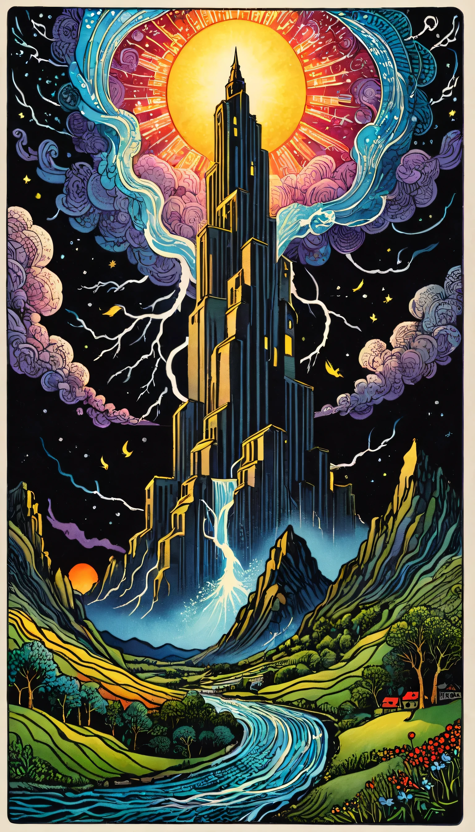 tarot cards:tower:falling tower:break,Destruction by lightning strike,An illustration,((lightning strike)),Impressive,A card that expresses Omen,calamity,malice,Adobe An Illustrator,draw with thick lines,rich colors,mysterious,,masterpiece,best masterpiece,Light and shadow,draw carefully,calm colors,fantasy,(dark fantasy),rendering,,zentangle elements,focus,Omen,emphasize,Tarot cards style white frame