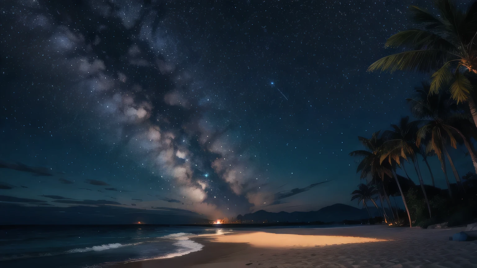 Starry sky full of starasterpiece，highest quality，Ocean，sandy beach，forest，A fantastic deserted island
