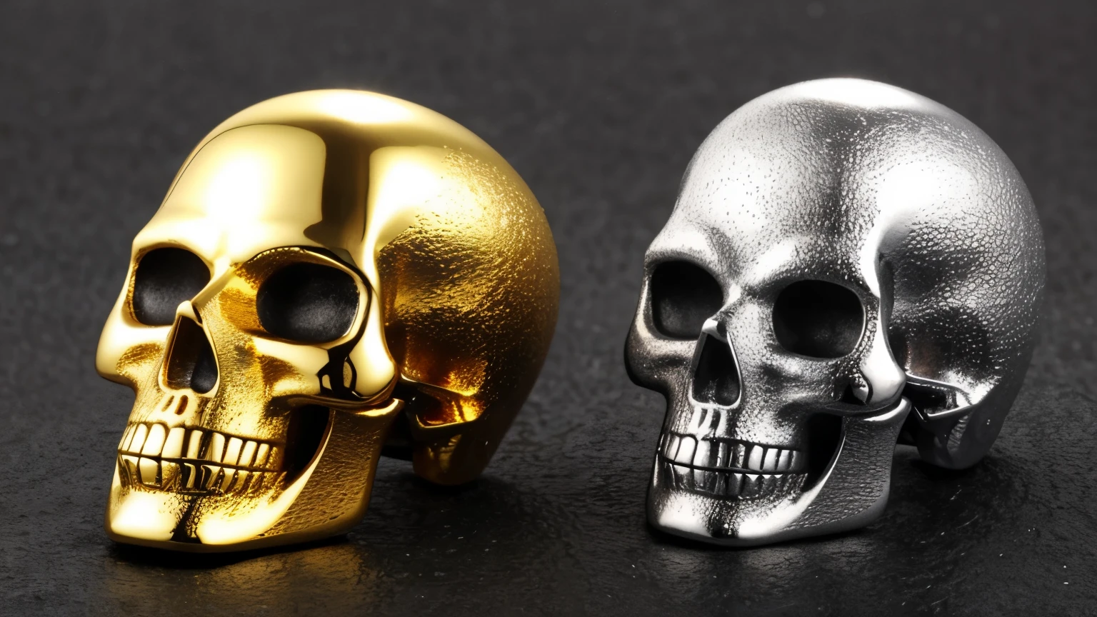 (masterpiece:1.3), (8K、photorealistic, Raw photo, best quality:1.4),A high-angle close-up shot of a silver skull ring, placed on a rugged black stone, surrounded by the soft reflections of water, with cool blue tones accentuating the polished metal, under subtle, diffused lighting, shot with a Nikon Z7 II, 50mm f/1.4 lens, monochrome palette with hints of icy blue