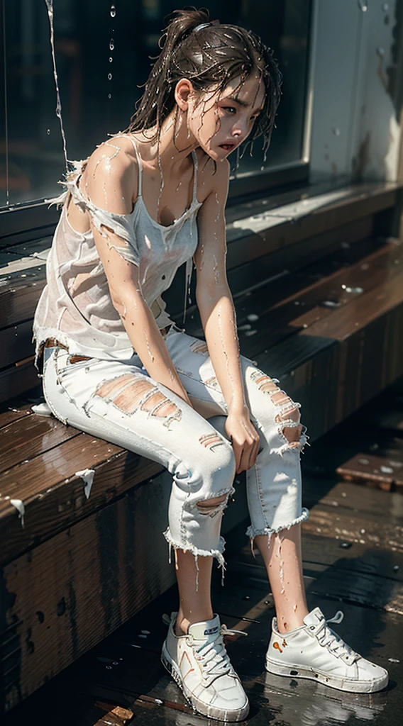 best image quality, masterpiece, super high resolution, (fidelity:1.4), photo, 1 girl, white shirt, torn jeans, white sneakers, dim, darkness, despair, pity, poor, movie, tears, teardrops, (torn clothes:1.5), (wet clothes:1.4), bare shoulders, real rain, wet hair,..