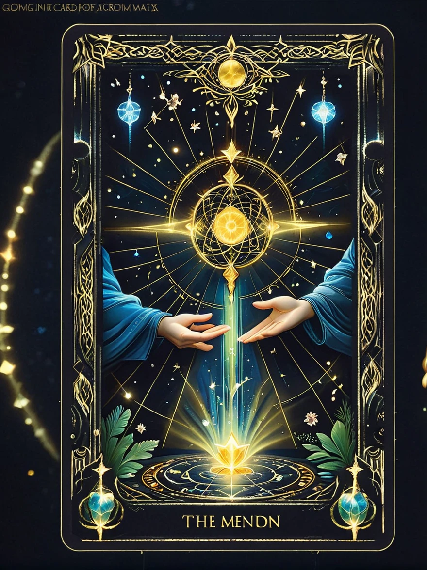 ((Long shot:1.9))，((panoramic))，(tarot card:1.5，Rotational symmetry，center)，On a night sprinkled with starlight, a mysterious tarot card gently floats above the palm of an astrologer. The card depicts a vivid nightscape, with constellations outlined in silvery lines as if dancing on a black velvet backdrop. Each constellation glimmers subtly, with a radiant sun at the center symbolizing the wellspring of life and energy. The edges of the tarot card are adorned with intricate golden geometric patterns, resonating with the mystical power of the constellations. Surrounding the astrologer, ancient scrolls, crystals, and magical herbs emitting a faint glow are scattered on a table inlaid with a star map. The entire scene is like a fantasy artwork, filled with the magic of the unknown and possibilities.