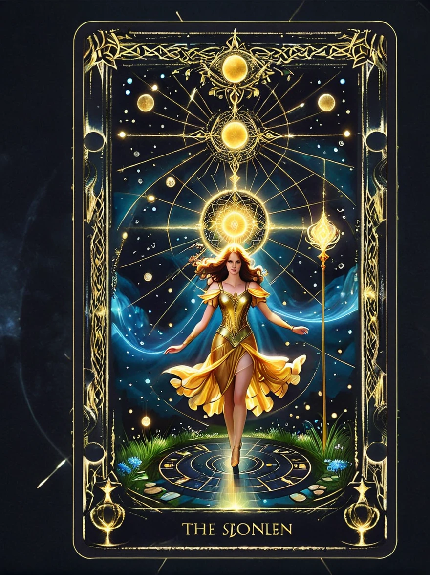 ((Long shot:1.9))，((panoramic))，(tarot card:1.5，Rotational symmetry，center)，On a night sprinkled with starlight, a mysterious tarot card gently floats above the palm of an astrologer. The card depicts a vivid nightscape, with constellations outlined in silvery lines as if dancing on a black velvet backdrop. Each constellation glimmers subtly, with a radiant sun at the center symbolizing the wellspring of life and energy. The edges of the tarot card are adorned with intricate golden geometric patterns, resonating with the mystical power of the constellations. Surrounding the astrologer, ancient scrolls, crystals, and magical herbs emitting a faint glow are scattered on a table inlaid with a star map. The entire scene is like a fantasy artwork, filled with the magic of the unknown and possibilities.