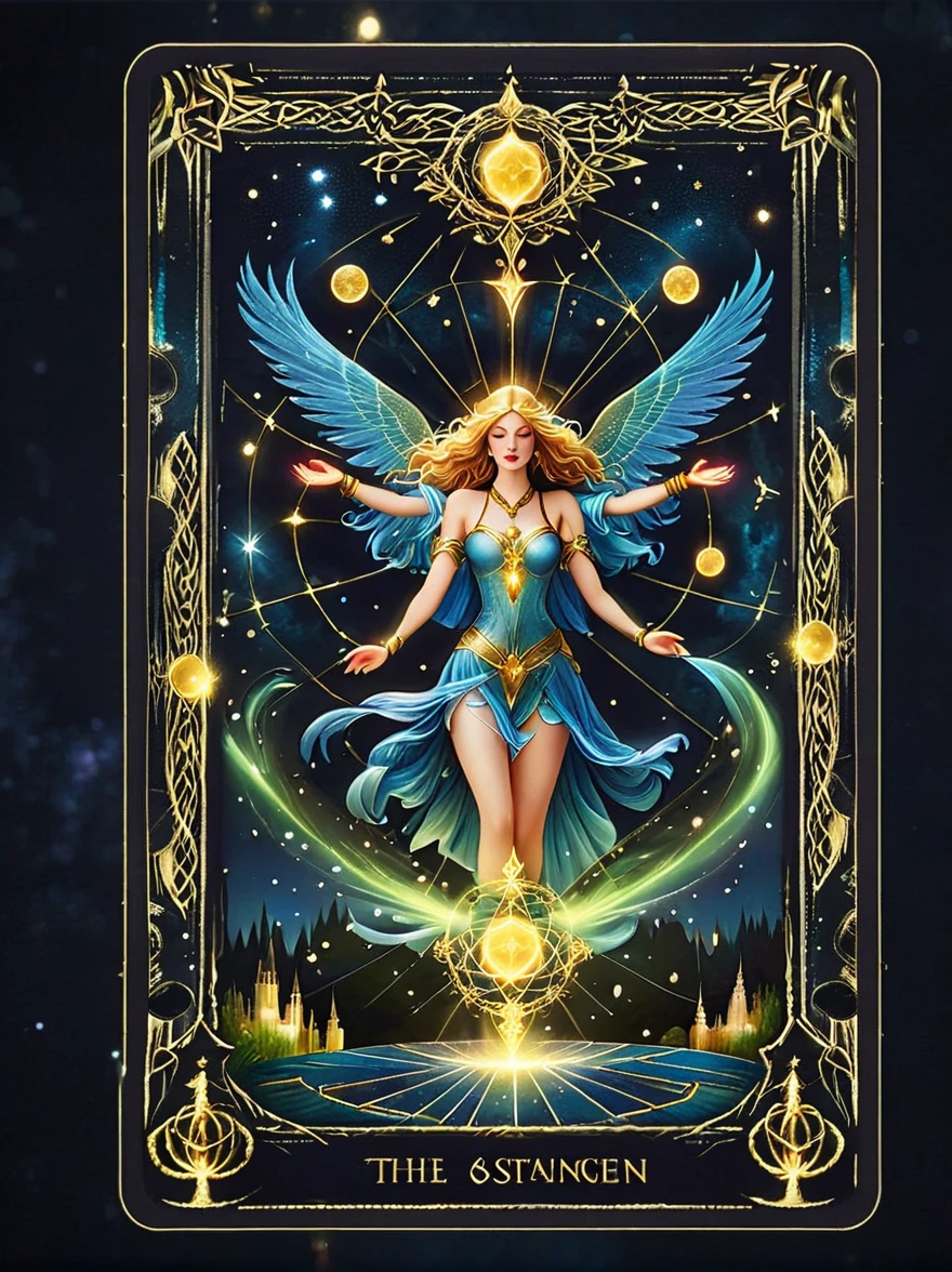 ((Long shot:1.9))，((panoramic))，(tarot card:1.5，Rotational symmetry，center)，On a night sprinkled with starlight, a mysterious tarot card gently floats above the palm of an astrologer. The card depicts a vivid nightscape, with constellations outlined in silvery lines as if dancing on a black velvet backdrop. Each constellation glimmers subtly, with a radiant sun at the center symbolizing the wellspring of life and energy. The edges of the tarot card are adorned with intricate golden geometric patterns, resonating with the mystical power of the constellations. Surrounding the astrologer, ancient scrolls, crystals, and magical herbs emitting a faint glow are scattered on a table inlaid with a star map. The entire scene is like a fantasy artwork, filled with the magic of the unknown and possibilities.