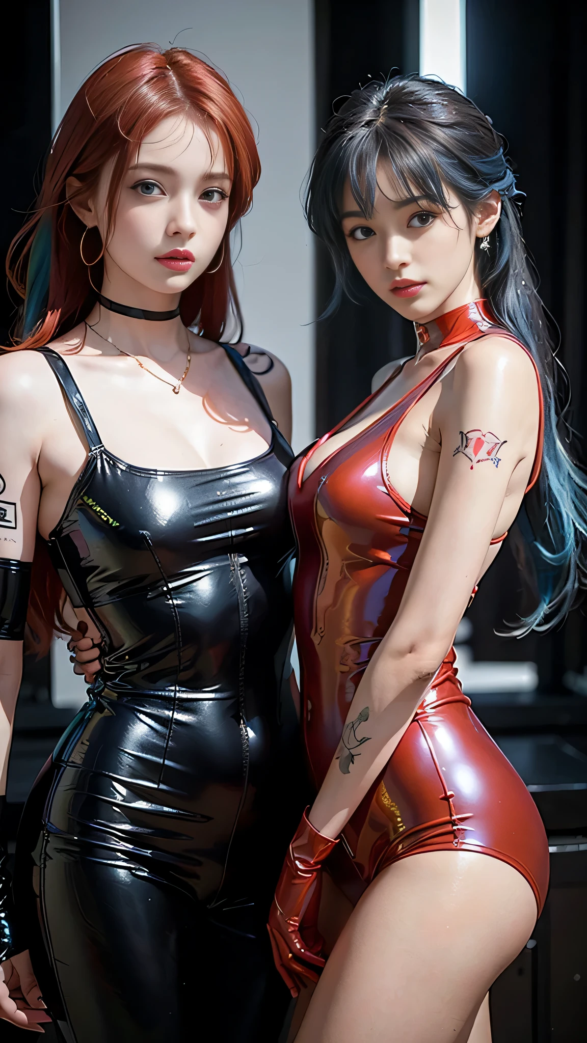 ((masterpiece:1.4)、(highest quality:1.4)、(realistic:1.7))、master piece:1.4、(Finest rendering:1.4)、beautiful girl dirty pair、(Beautiful Investigator Dirty Pair:1.4)、Kei and Yuri investigator duo、(Kei and Yuri are cute girl names:1.2)、two investigators, Kei and Yuri stand side by side...、(Written by Luis Royo:1.4)、Body fit sexy investigator duo uniform、(Luxurious shiny latex:1.4)、(white sleeveless uniform jacket)、(Underwear Red Sexy Super Ultra Bikini)、(luxury red latex:1.4)、30 years old、(cute tattoo:1.4)、(wearing white gloves)、(two cute girls:1.4)、Super beautiful、sharp focus、portrait photography:1.4、8k、realistic photo images:1.4、(perfect female body:1.4)、perfect proportions、sexy couple、(Upper body photography:1.4)、beautiful face、(beautiful skin:1.4)、beautiful eyes、narrow waist、(Beautiful girl with long legs and good style:1.4)、beautiful feet、(Kei has red hair:1.4)、(Yuri has blue hair:1.4)、(long hair:1.2)、beautiful breasts、big breasts:1.2、sexy butt、Raw photo、red lips、red high heels:1.4、choker:1.4、necklace:1.4、earrings:1.4、1 screen display