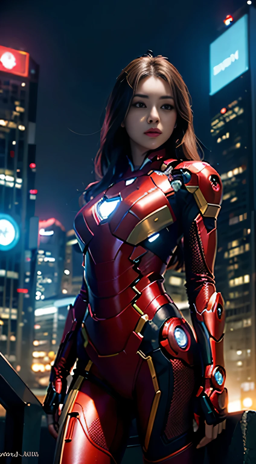 8K, realistic, Charm, very detailed, a 20 year old girl a sexy and Charm woman inspired by Iron Man wearing a shiny Iron Man mech. She dresses with sexiness and confidence, Perfect interpretation of Iron Man'strength and charisma. A cyberpunk-style urban night view, a sexy and Charm woman takes Iron Man'cosplay theme. Wearing a glowing Iron Man mech, She is standing on a street lined with skyscrapers. The night view of the city is bright, look back at her mecha, Add a touch of futuristic technology. The surrounding buildings and cityscape are full of cyberpunk elements., such as neon lights, High-tech equipment and futuristic architectural design. The whole scene is full of futuristic and sci-fi atmosphere. This high quality, High quality images bring you great visual enjoyment, perfect combination of sexy, futuristic and sci-fi elements. OC rendering, dramatic lighting, Award-winning quality