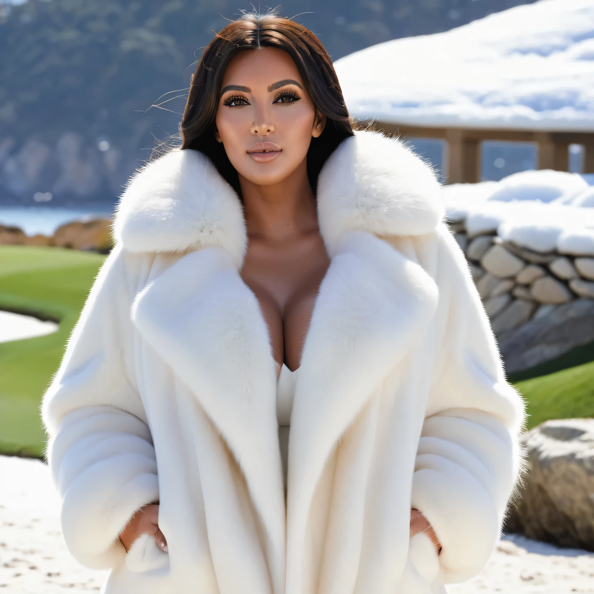 A very wide and very thick, manteau de fourrure en vison blanc, fifty centimeters thick, duveteux, naturel, with an ultra thick white mink fur collar, three layers, sur Kim Kardashian , bare shoulders, and two large breast covered by the fur, at Pebble Beach golf