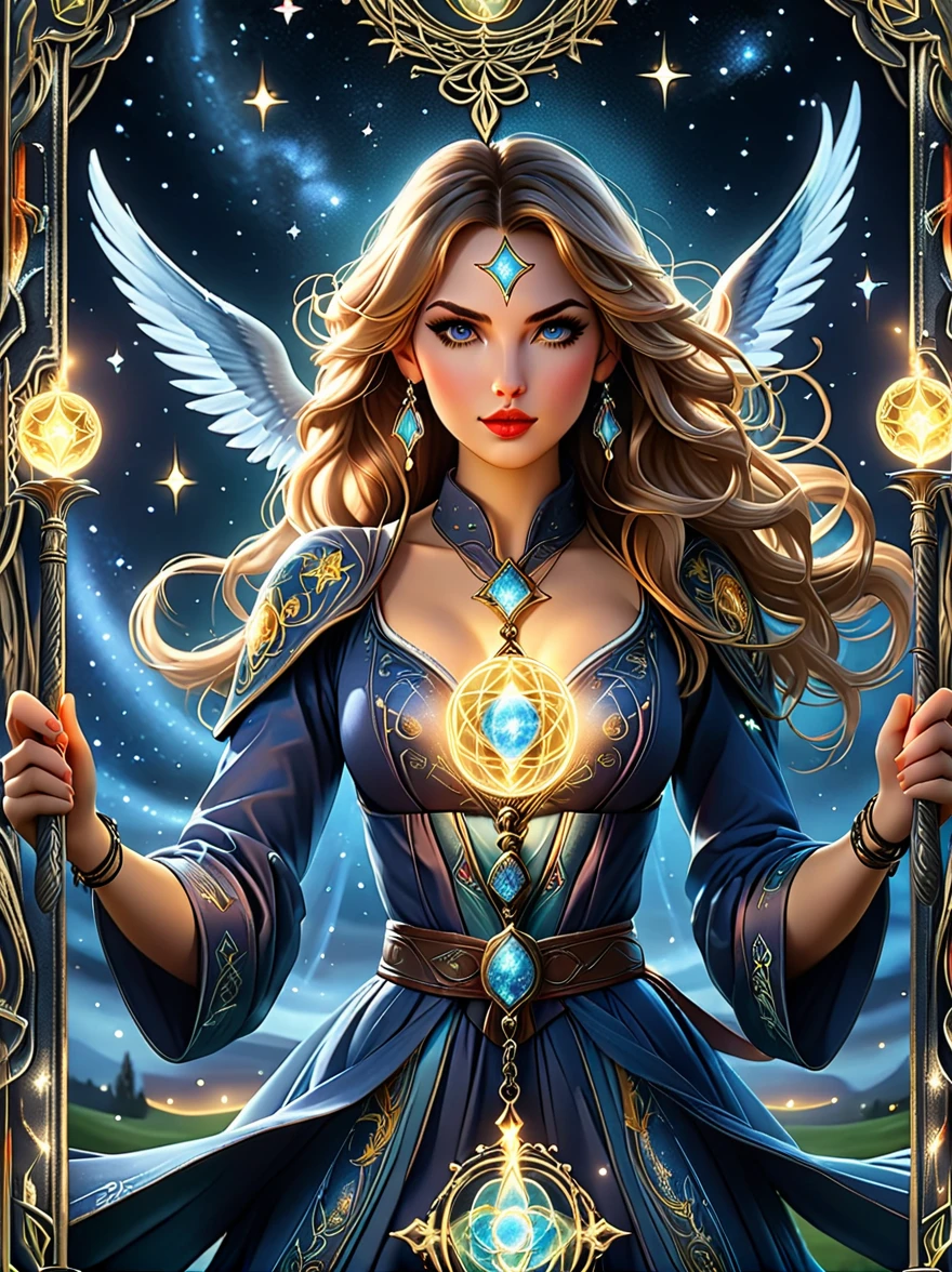 ((Long shot:1.9))，((panoramic))，(tarot card:1.5，Rotational symmetry，center)，Stephen Gammel，(cowboy shot)，a beautiful girl with a detailed angelic face, piercing eyes, full lips, long eyelashes, wearing a starry robe, holding tarot cards, mystical background with zodiac symbols and celestial elements, (best quality,4k,8k,highres,masterpiece:1.2),ultra-detailed,(realistic,photorealistic,photo-realistic:1.37),intricate details, fantasy art, cinematic lighting, vibrant colors, glowing energy