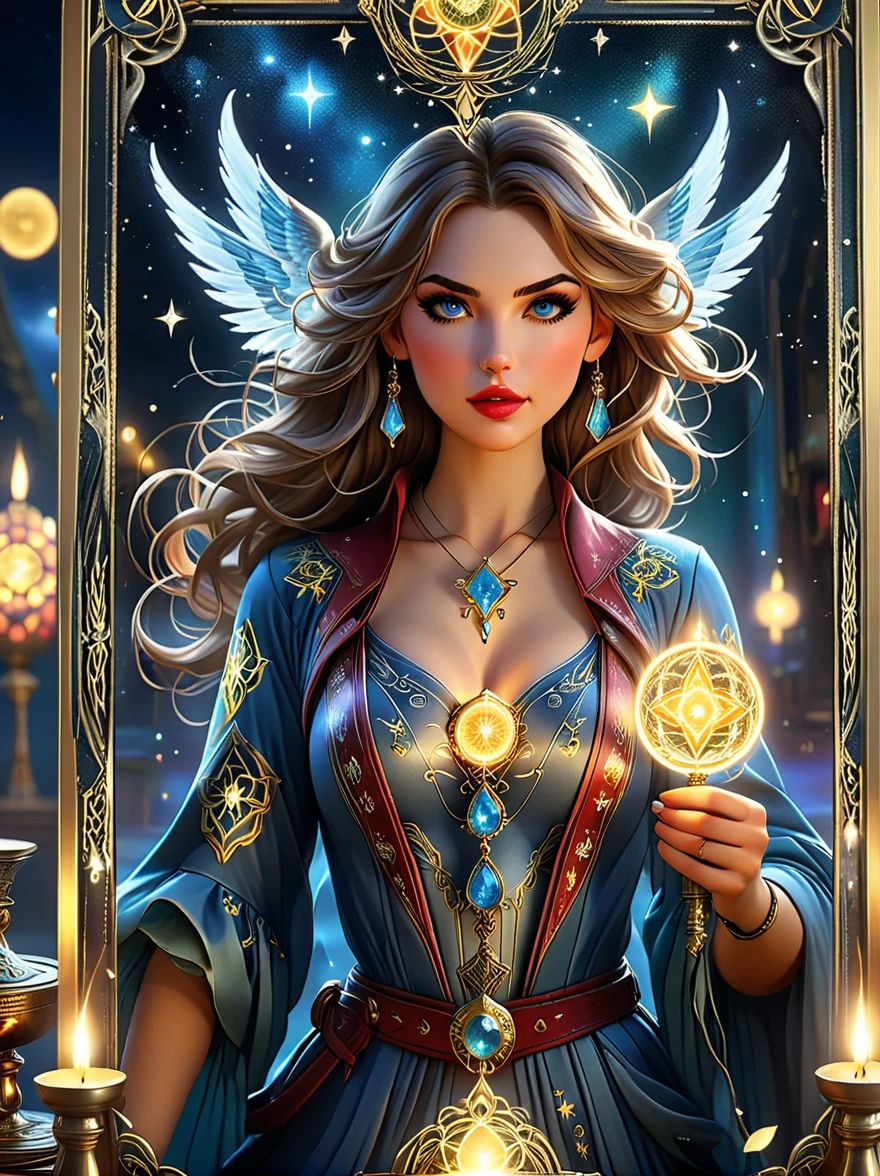 ((Long shot:1.9))，((panoramic))，(tarot card:1.5，Rotational symmetry，center)，Stephen Gammel，(cowboy shot)，a beautiful girl with a detailed angelic face, piercing eyes, full lips, long eyelashes, wearing a starry robe, holding tarot cards, mystical background with zodiac symbols and celestial elements, (best quality,4k,8k,highres,masterpiece:1.2),ultra-detailed,(realistic,photorealistic,photo-realistic:1.37),intricate details, fantasy art, cinematic lighting, vibrant colors, glowing energy