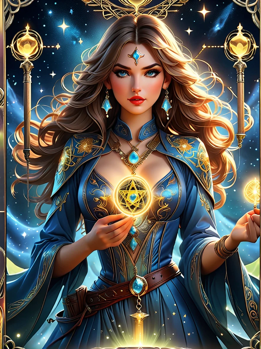 ((Long shot:1.9))，((panoramic))，(tarot card:1.5，Rotational symmetry，center)，Stephen Gammel，(cowboy shot)，a beautiful girl with a detailed angelic face, piercing eyes, full lips, long eyelashes, wearing a starry robe, holding tarot cards, mystical background with zodiac symbols and celestial elements, (best quality,4k,8k,highres,masterpiece:1.2),ultra-detailed,(realistic,photorealistic,photo-realistic:1.37),intricate details, fantasy art, cinematic lighting, vibrant colors, glowing energy