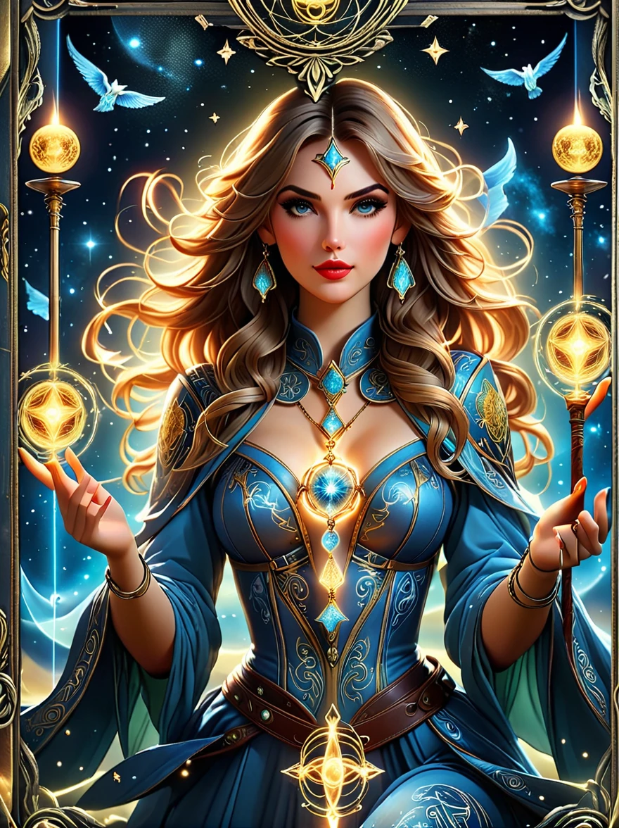 ((Long shot:1.9))，((panoramic))，(tarot card:1.5，Rotational symmetry，center)，Stephen Gammel，(cowboy shot)，a beautiful girl with a detailed angelic face, piercing eyes, full lips, long eyelashes, wearing a starry robe, holding tarot cards, mystical background with zodiac symbols and celestial elements, (best quality,4k,8k,highres,masterpiece:1.2),ultra-detailed,(realistic,photorealistic,photo-realistic:1.37),intricate details, fantasy art, cinematic lighting, vibrant colors, glowing energy