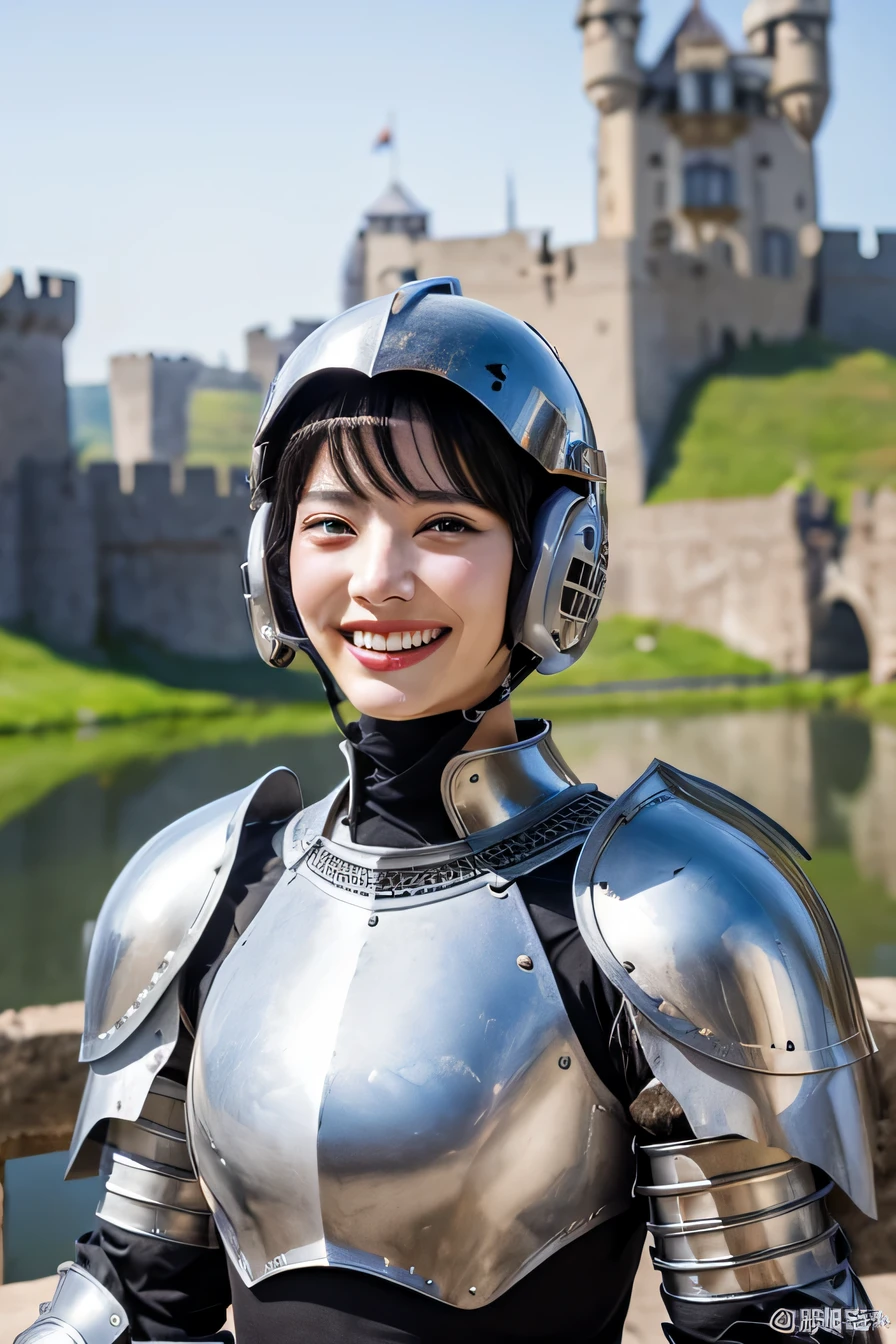 8K、highest quality、female knight、The background is a castle、Luxurious Silver Armor、heavy equipment、black hair、hairstyle short cut、smile、beautiful teeth、full body photo、ear piercing、Put a helmet on your head