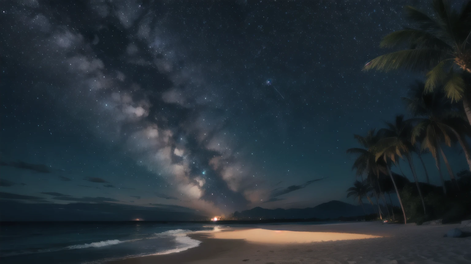 Starry sky full of starasterpiece,highest quality,Ocean,sandy beach,forest,A fantastic deserted island