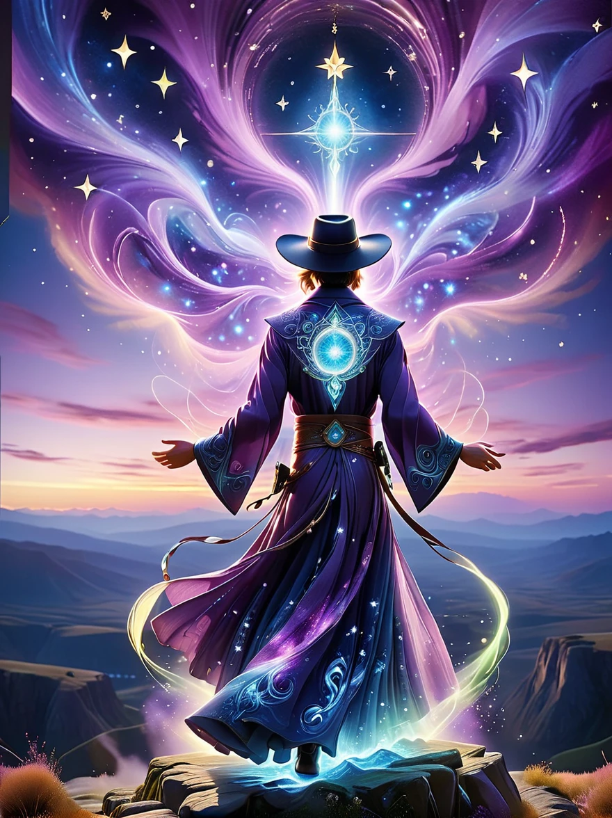 ((Long shot:1.9))，((panoramic))，(tarot card:1.5，Rotational symmetry，center)，Stephen Gammel，(cowboy shot)，A figure stands on a cliff, enveloped in swirling streams of cosmic energy, amidst a dreamy, nebulous landscape. The silhouette of the person is wrapped in a flowing, ethereal gown that merges with the celestial currents. The sky is a tapestry of deep purples and blues, sprinkled with stars, and the landscape below is hinted at with soft, rolling mountains. The scene is one of tranquility and the sublime, capturing the majestic essence of the cosmos with a single, contemplative figure standing in awe，(Very detailed，Reasonable design，clear lines，High definition，best quality，masterpiece，8K)