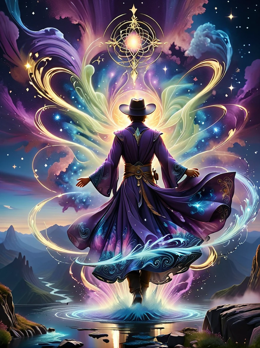 ((Long shot:1.9))，((panoramic))，(tarot card:1.5，Rotational symmetry，center)，Stephen Gammel，(cowboy shot)，A figure stands on a cliff, enveloped in swirling streams of cosmic energy, amidst a dreamy, nebulous landscape. The silhouette of the person is wrapped in a flowing, ethereal gown that merges with the celestial currents. The sky is a tapestry of deep purples and blues, sprinkled with stars, and the landscape below is hinted at with soft, rolling mountains. The scene is one of tranquility and the sublime, capturing the majestic essence of the cosmos with a single, contemplative figure standing in awe，(Very detailed，Reasonable design，clear lines，High definition，best quality，masterpiece，8K)