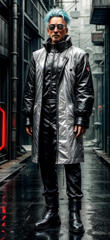 photo of a man, Eco Minimalism, 50 years old man in cyberpunk style, white haire on head, wearing bright color and black asian pop clotches combined with lether, cyberfashion, --ar 2:3 --style raw --s 200