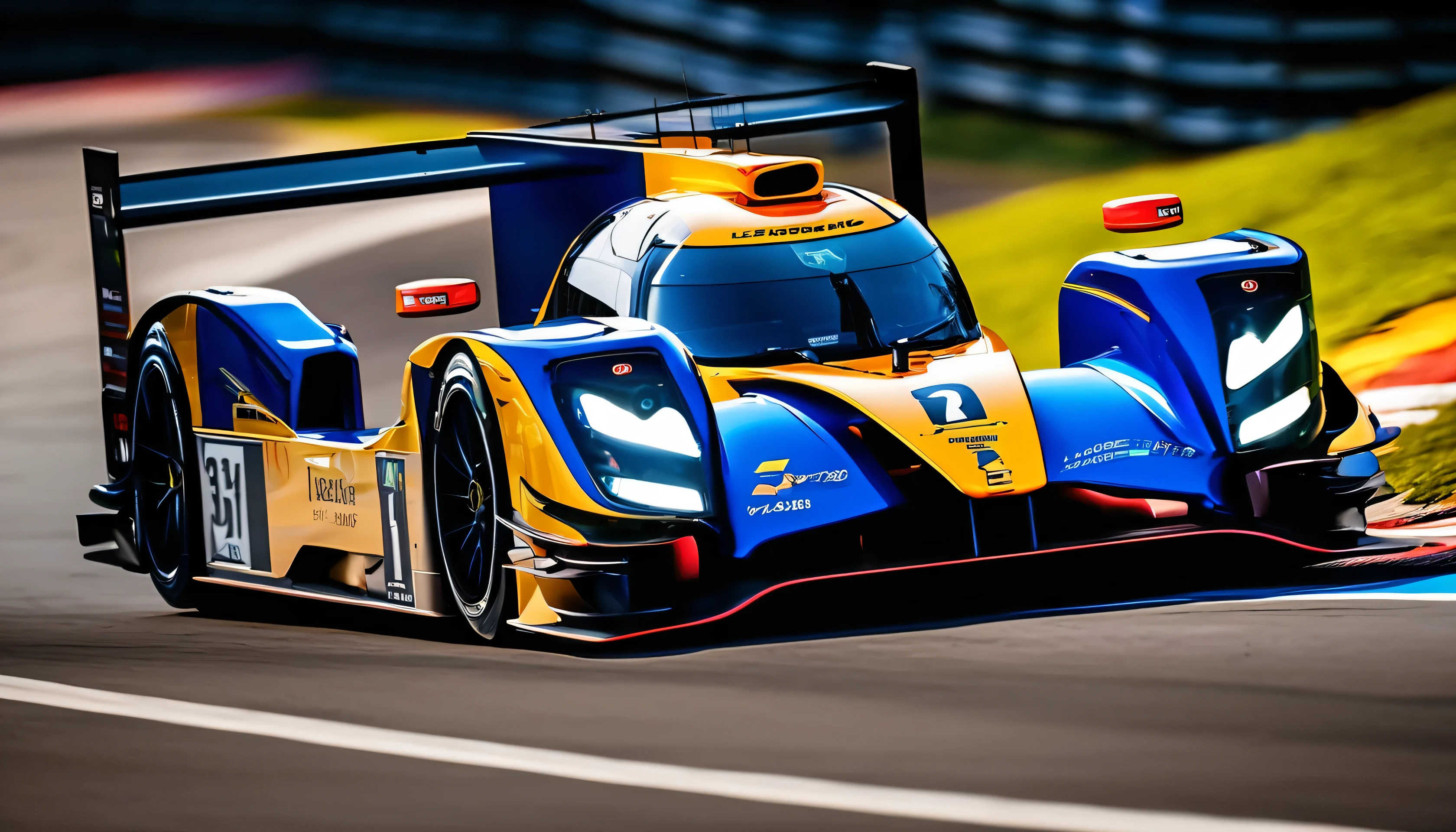 a scene that evokes the grandeur of the Le Mans race on year of 2023, the racers in their LMP2's and LMP3's as they speed around the race track at Circuit de la Sarthe race track as the earth trembles with the roar of their V8 engines, the LMP2 hypercars with the mechanical precision and design perfection characteristic of James key's work at the Circuit de la Sarthe's winding track, Dunlop Bridge, racing cars, vibrant colors, and sunsets, embodying speed and elegance, are rendered with the same level of detail and realism, best quality, award winning, super detail, photo realistic, UHD, 16k, masterpiece, best quality, vivid color, panorama