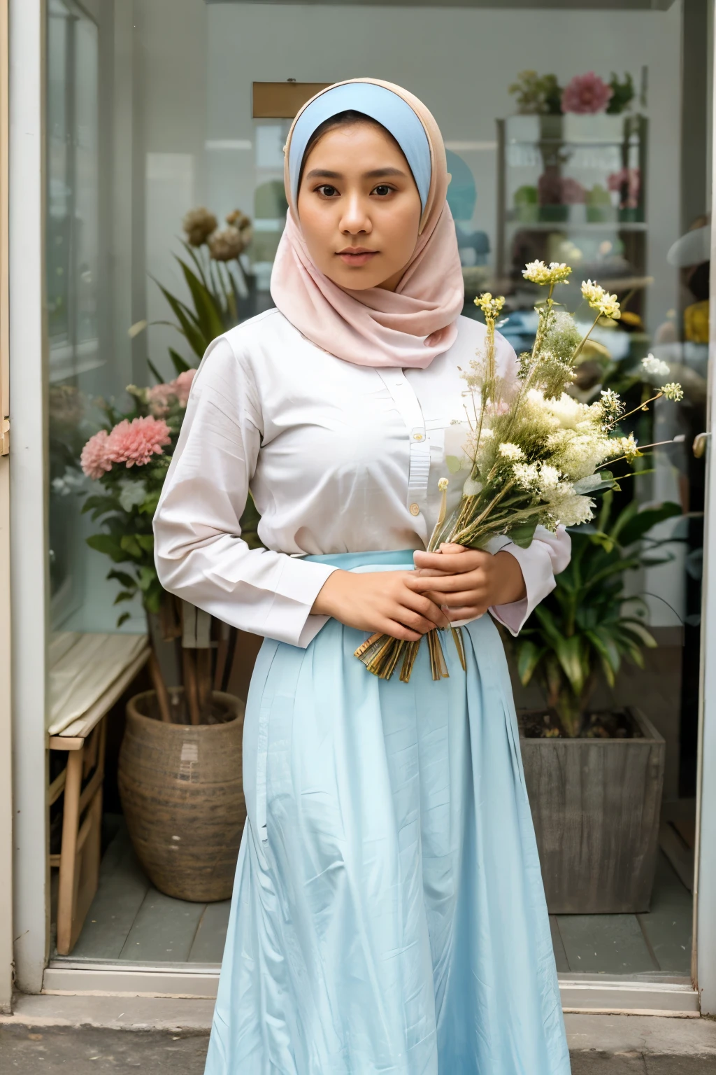 Potrait photography, wearing a pastel white shirt. She is wearing a pastel blue long skirt with a floral pattern. Awakening pose with flowers, standing in front of a flower shop window building, 20 year old woman,pure beauty, big booobs, fashion style 2020, beige pasmina hijab, beautiful asian Indonesian girl, holding flowers, ((Best quality, 8k, Masterpiece)), (best quality, 4k, 8k, highres, masterpiece: 1.2), (beautiful Indonesian hijab), same face photo, (realistic, photorealistic, photo-realistic: 1.37),