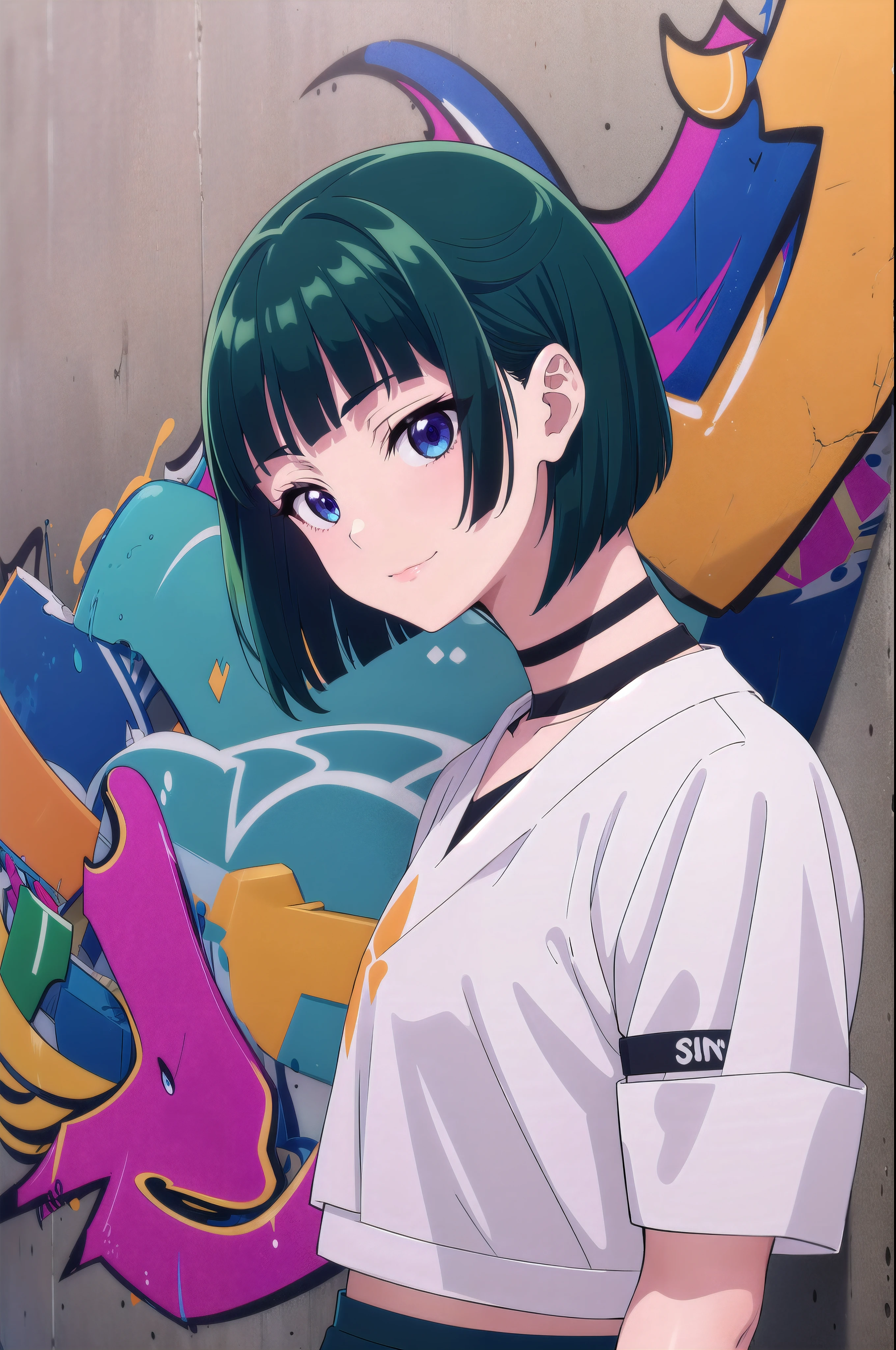 masterpiece, best quality, 1girl, solo, stylish crop top, smile, vibrant short green hair, bobhair, short-hair, short bob hair, (((bobcut))), bob haircut, very short bob cut, lip length hair, blunt ends, (sliced bob), buzzed nape ((haircut:1.3)), undercut, bobbed hair, minibob, sidecut, shaved, blue eyes, graduation bob, straight short hair, short hair above the ears, Shot diagonally from the side, elegant braid, soft bangs, upper body, alluring choker, (graffiti:1.5), artistic paint splatter, seductive arms behind back, leaning against wall, exposed back, fashionable armband, urban hiphop style, flirty skirt, playful head tilt, intense expression, warm orange, dynamic asymmetrical design, bold geometric shapes, creative street art