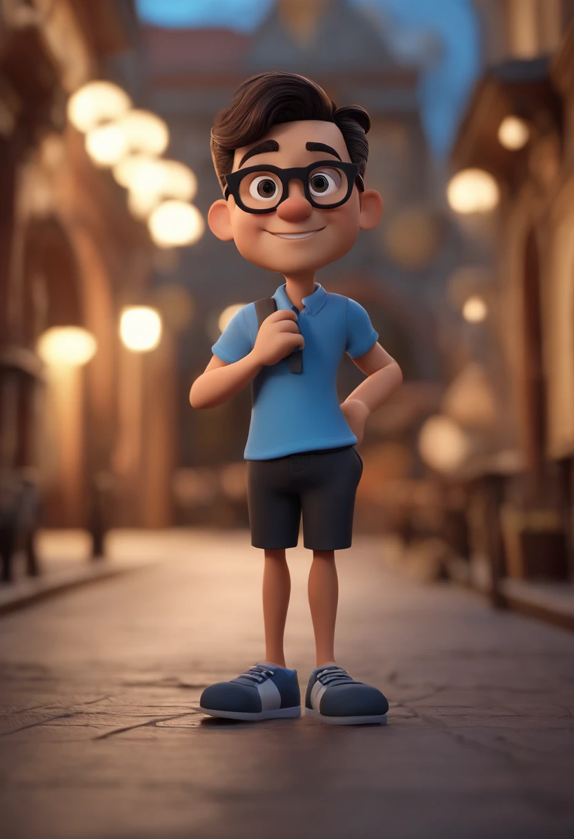 Cartoon character of a man wearing black glasses and a blue shirt, an animated character, stylized character, animation style render, Stylized 3 D, arnold maya render, 3 d render stylized, toon render keyshot, 3d character, 3 d character, stylized 3d render, 3 d character render, cartoon character, close up character, character posing, (Pixar style) (Masterpiece:1.2) (Bokeh) (Best quality) (Detailed skin) (Detailed texture) (8K) (Clay) (Cinematic lighting) (Sharp focus,Sits and leaks the upper body