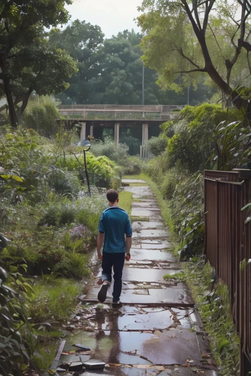 illustrate Marcus exploring the neglected park, with overgrown plants and broken benches, showcasing its state of disrepair.