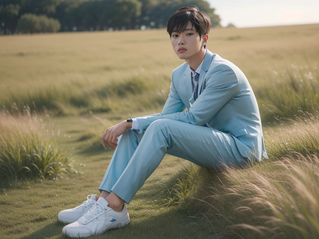 arafed man sitting in a field of tall grass, pale blue outfit, siwoo kim, sitting on the ground, wearing a light blue suit, sitting in a field, standing in a grassy field, standing in grassy field, photoshoot, taejune kim, photoshoot for skincare brand, in a grassy field, ryan jia, darren quach, hyung tae, basic