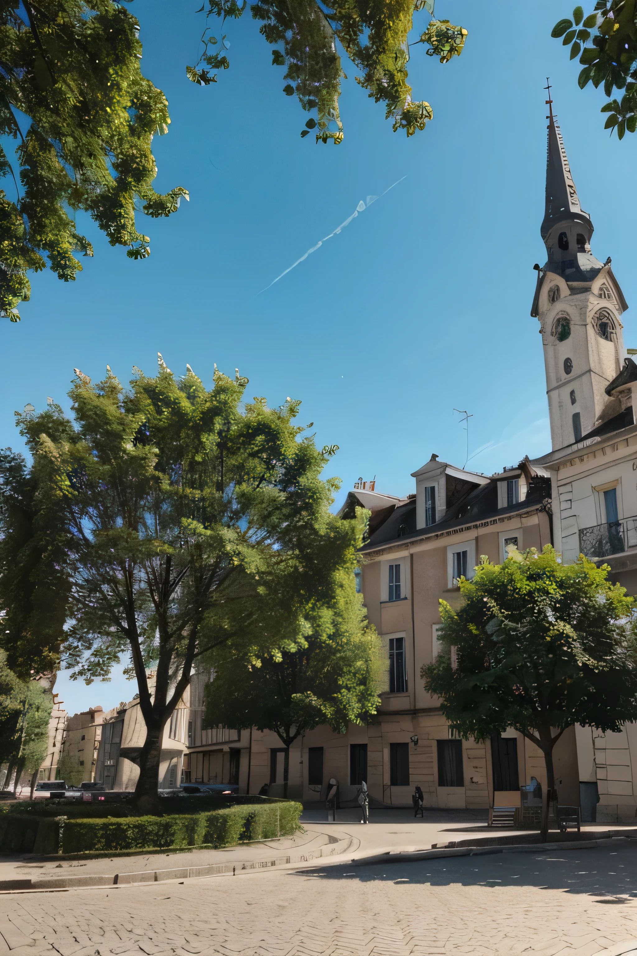 un rendu 3D d'une place en ville super réaliste et grande qualité, natural lighting, il ya des arbres, des gens qui marchent, buildings around the square 