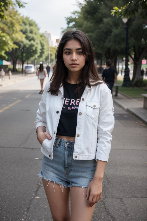 18 years old tamil girl wearing white color of denim jacket, standing to take a selfie and around the park behind, Realistic,photorealistic,incredibly detailed,crisp focus,grading,8k.