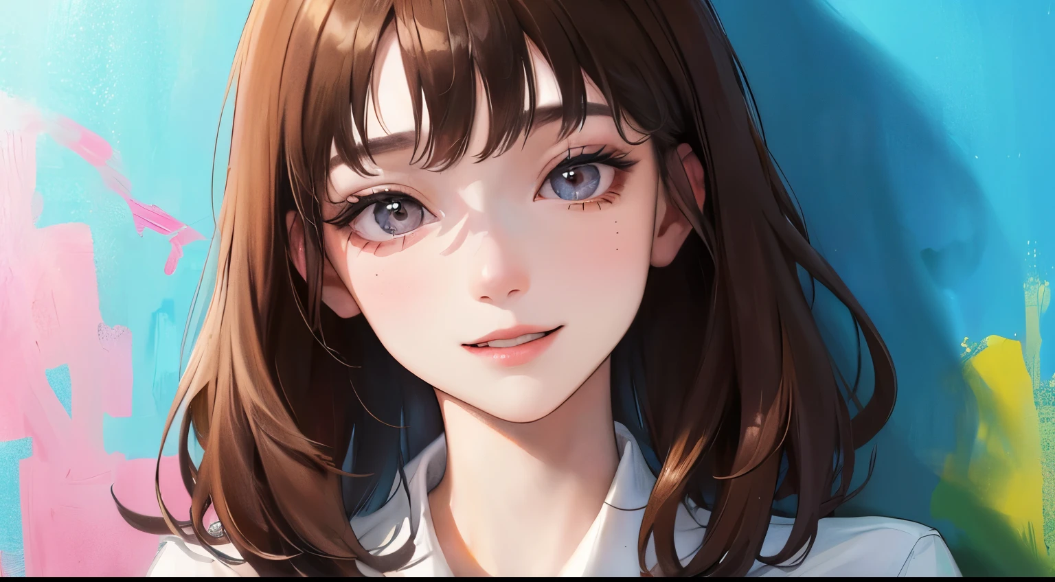 (((one girl)))、Masterpiece,best quality, (((Colorful paint on the wall))), determined expression, upper body diagram、((Smile))、White shirt with paint stains、 (highest resolution、clear_image)、best quality、contrast of light and shadow、((illumination))、very detailed、semi-realistic、Perm hairstyle、brown hair、bangs、19 years old、outdoor、 Lady,,young、((View from top))、delicate facial features facial features