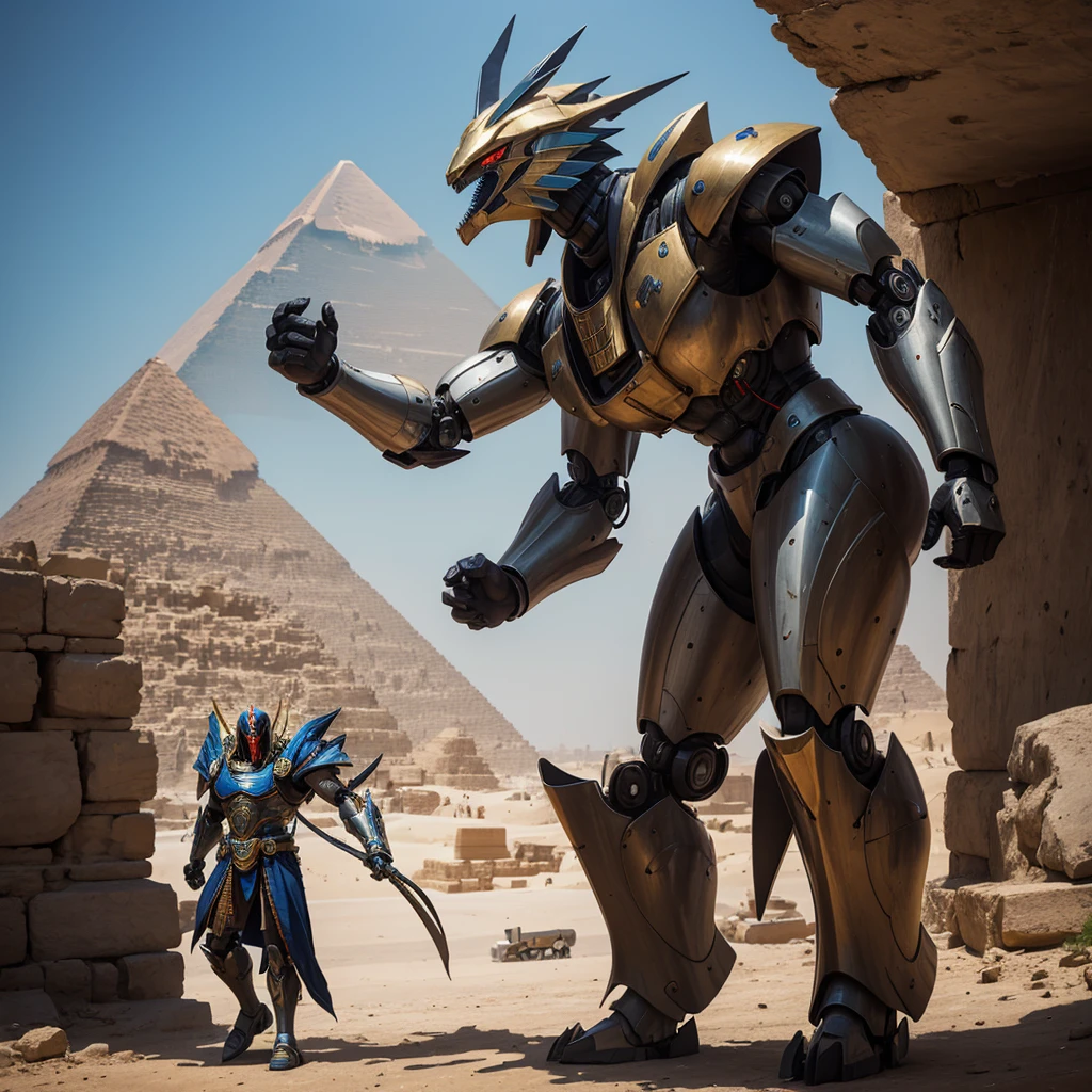 A giant mecha stylized after egyptian god horus battles Setite Kaiju near the great pyramids of egypt