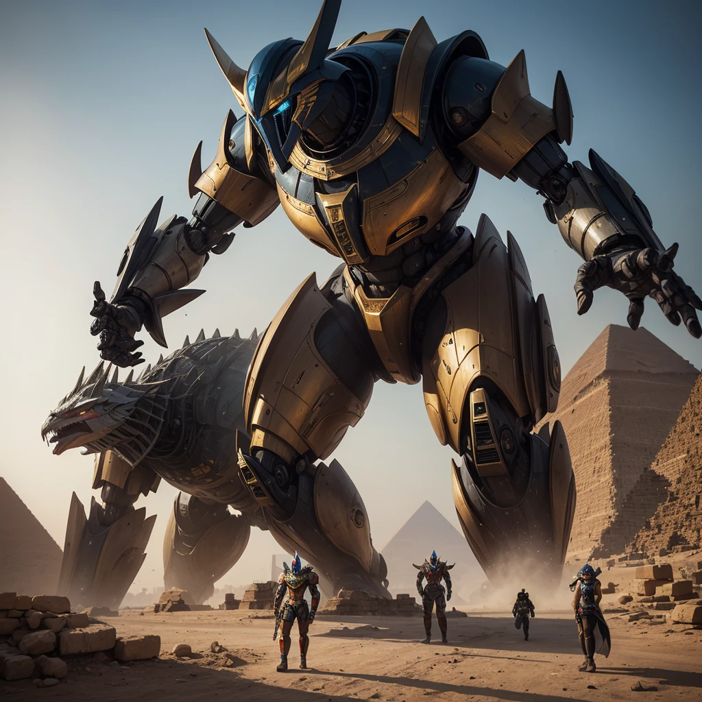 A giant mecha stylized after egyptian god horus battles Setite Kaiju near the great pyramids of egypt