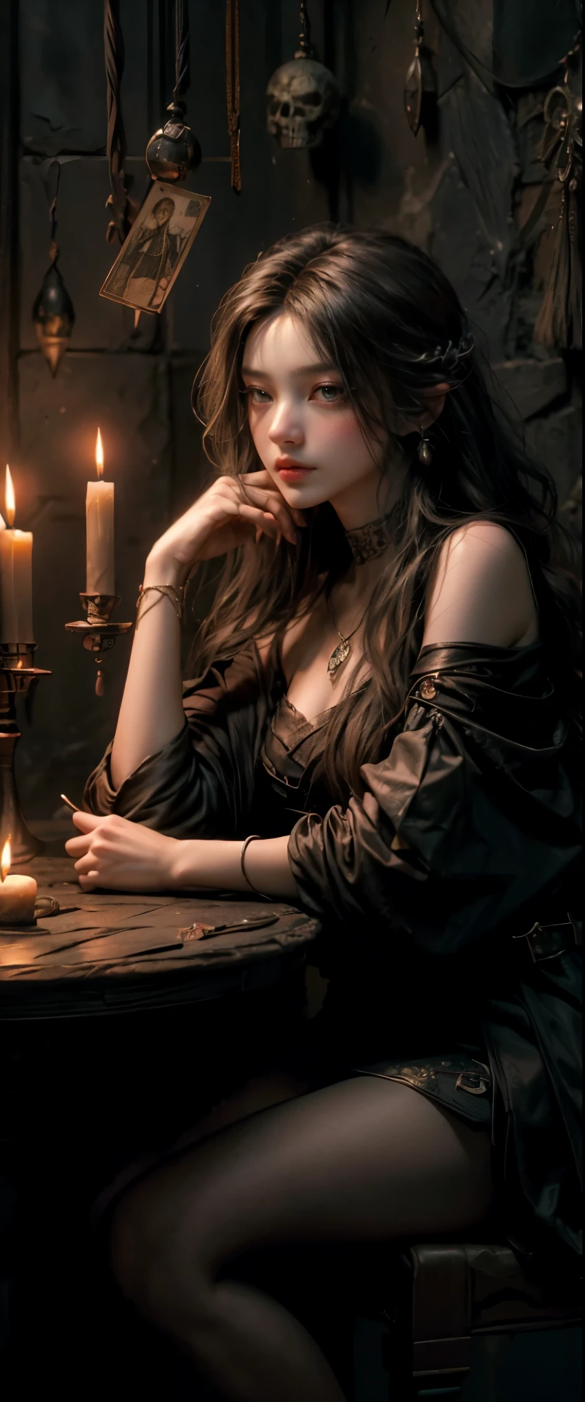 ((masterpiece, highest quality, Highest image quality, High resolution, photorealistic, Raw photo, 8K)), Tarot Cards, Tolkien, Middle Earth, (masterpiece:1.2), (best quality,:1.2), 8k, highly detailed, hyperrealistic, cinematic lighting, ambient lighting, Bridgette, as fortune teller, long, messy blond hair, earrings, choker, necklace, jewelry, rings, dark lipstick, dark makeup, circlet, sitting behind! a table, one! fortune teller orb on the table, one! skull on the table, candles, in a small dark medieval room, looking at viewert,