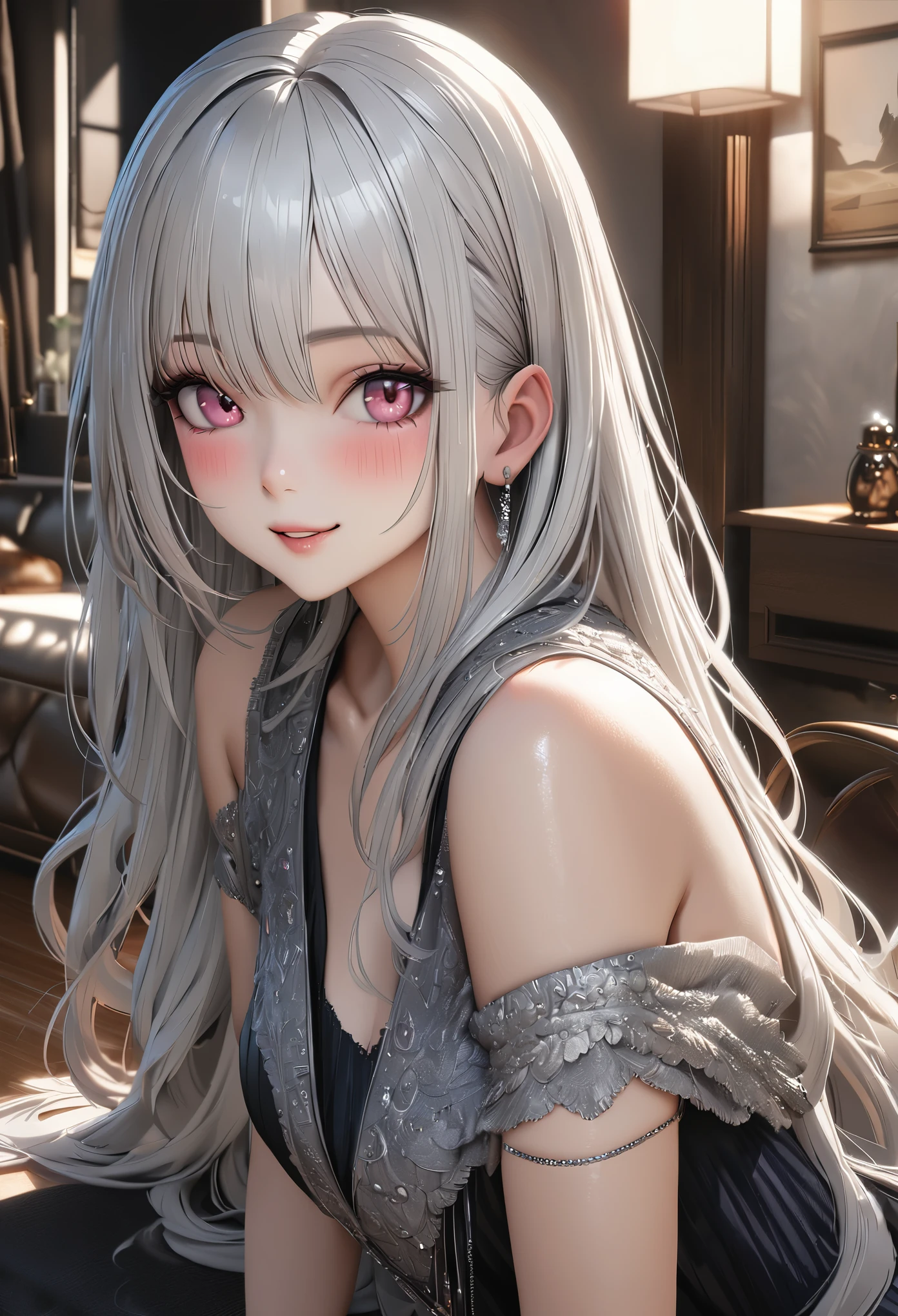 highest quality, expensiveest quality, Super detailed, expensive definition, expensive resolution, HDR, 4k, 8K, unity 8K wallpaper, expensively detailed CG, masterpiece, realistic, photorealistic, 2D, 3D, beautiful details, depth, fine texture , super fine: 1.3, Fully focused, crispy skin, .he, very cute anime girl with long silver hair in expensive , smile, one girl, alone, long silver hair, expensive , looking at the viewer, blush, parted lips, Heart, pink eyes