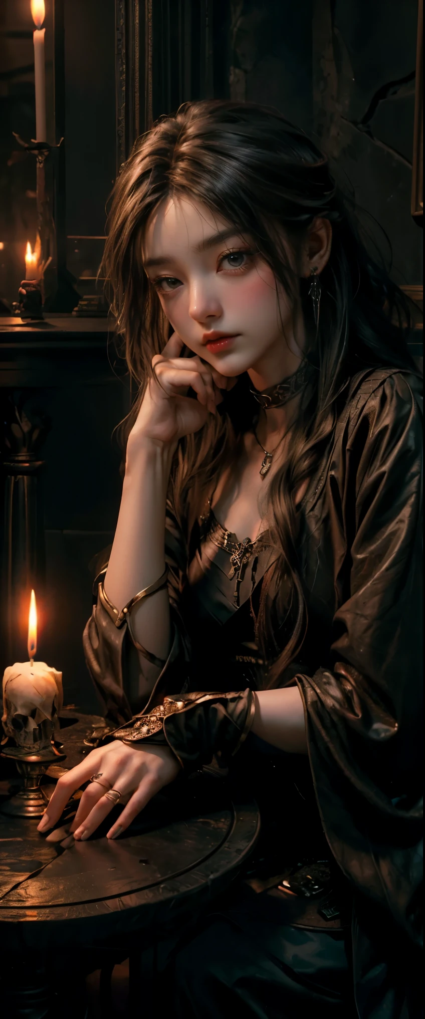 ((masterpiece, highest quality, Highest image quality, High resolution, photorealistic, Raw photo, 8K)), Tarot Cards, Tolkien, Middle Earth, (masterpiece:1.2), (best quality,:1.2), 8k, highly detailed, hyperrealistic, cinematic lighting, ambient lighting, Bridgette, as fortune teller, long, messy blond hair, earrings, choker, necklace, jewelry, rings, dark lipstick, dark makeup, circlet, sitting behind! a table, one! fortune teller orb on the table, one! skull on the table, candles, in a small dark medieval room, looking at viewert,