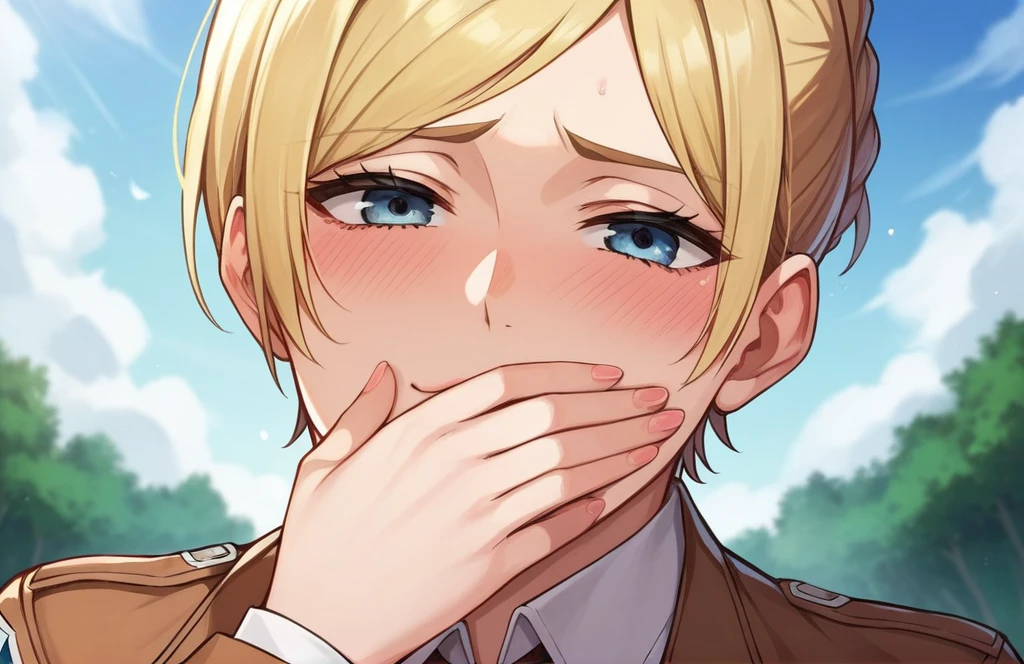 score_9, score_8_up, score_7_up, score_6_up, source_anime, BREAK,1girl, annie leonhart, attack on titan,  seras, outdoors, in Forest,  face focus, face closeup, face, face only, smug, shy, embarrassed, covering mouth, covering eyes