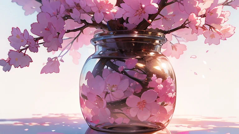 Close-up of cherry blossom tree in a jar, fluffy, airglow refraction,  Rich colors, realistic textures, dramatic lighting, style glasses,pure white background