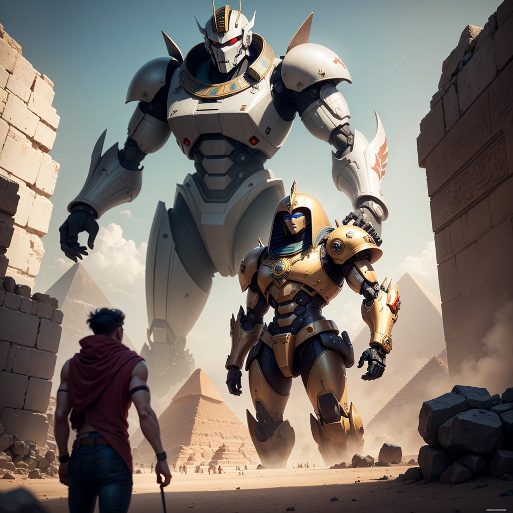 A giant mecha stylized after egyptian god horus battles Setite Kaiju near the great pyramids of egypt