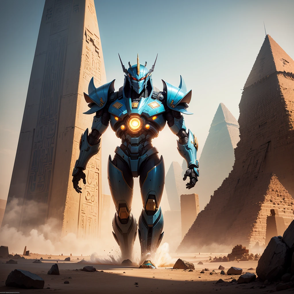 A giant mecha stylized after egyptian god horus battles Setite Kaiju near the great pyramids of egypt