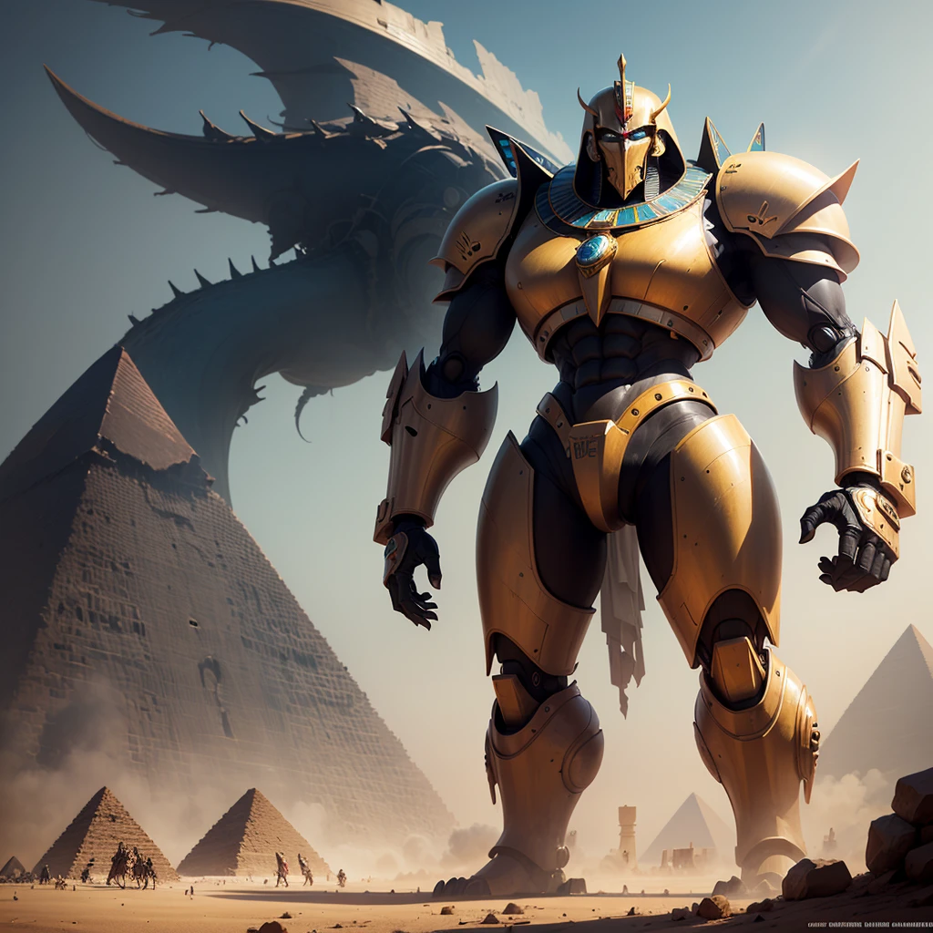 A giant mecha stylized after egyptian god horus battles Setite Kaiju near the great pyramids of egypt