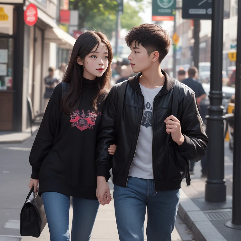 A cute korean girl wearing a school unifrom walking to a cafe with her boyfreind, boyfreind is cute, badboy kissing. The girl is blushing a lot. In love...