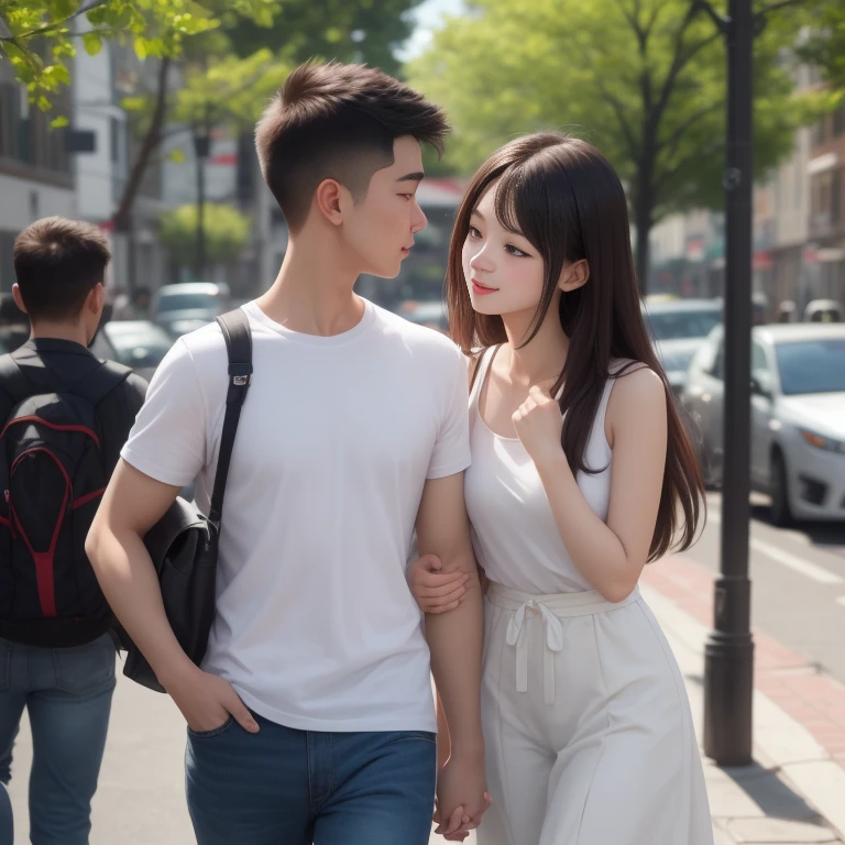 A cute korean girl wearing a school unifrom walking to a cafe with her boyfreind, boyfreind is cute, badboy kissing. The girl is blushing a lot. In love...
