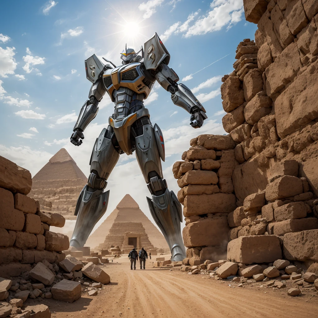 A giant mecha stylized after egyptian god horus battles Setite Kaiju near the great pyramids of egypt