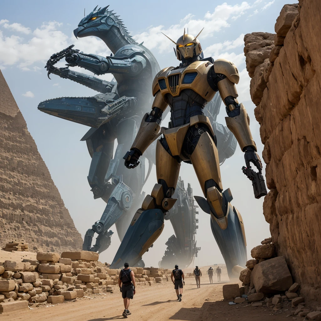 A giant mecha stylized after egyptian god horus battles Setite Kaiju near the great pyramids of egypt