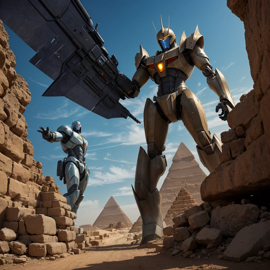 A giant mecha stylized after egyptian god horus battles Setite Kaiju near the great pyramids of egypt