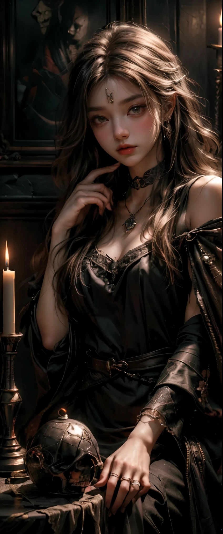 ((Masterpiece, Highest quality, Highest picture quality, high resolution, realistic, raw image, 8K)), 8K, Highly detailed, Exaggerated, movie light, Ambient lighting,The fortune telling crystal ball is on the table., man! In a small dark medieval room, long hair, golden hair,Rowena Ravenclaw school uniform