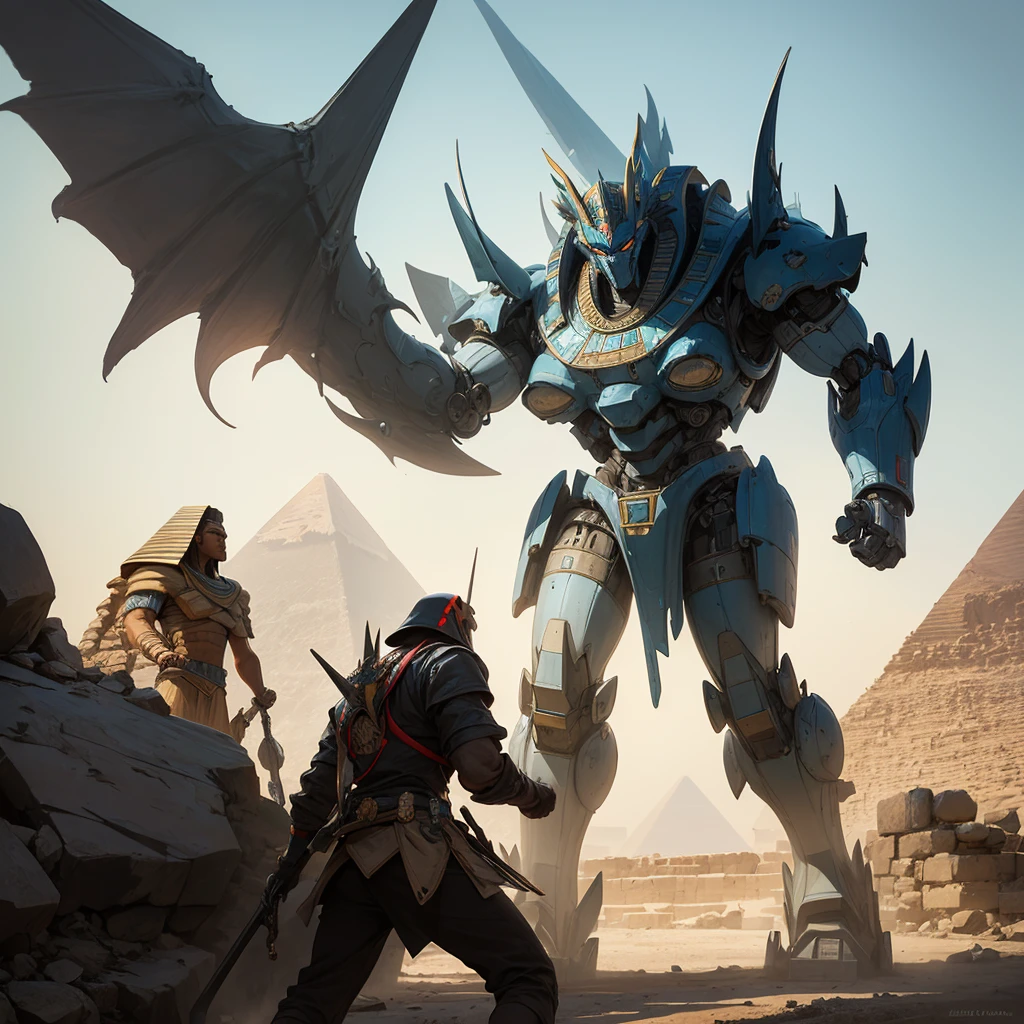 A giant mecha stylized after egyptian god horus battles Setite Kaiju near the great pyramids of egypt
