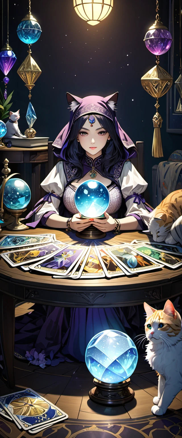 tarot fortune teller.Mysterious fortune teller is holding tarot cards.Tarot cards arranged neatly on the table.There are some cats nearby，Attention to detail，beautiful crystal ball.dark room .mysterious atmosphere