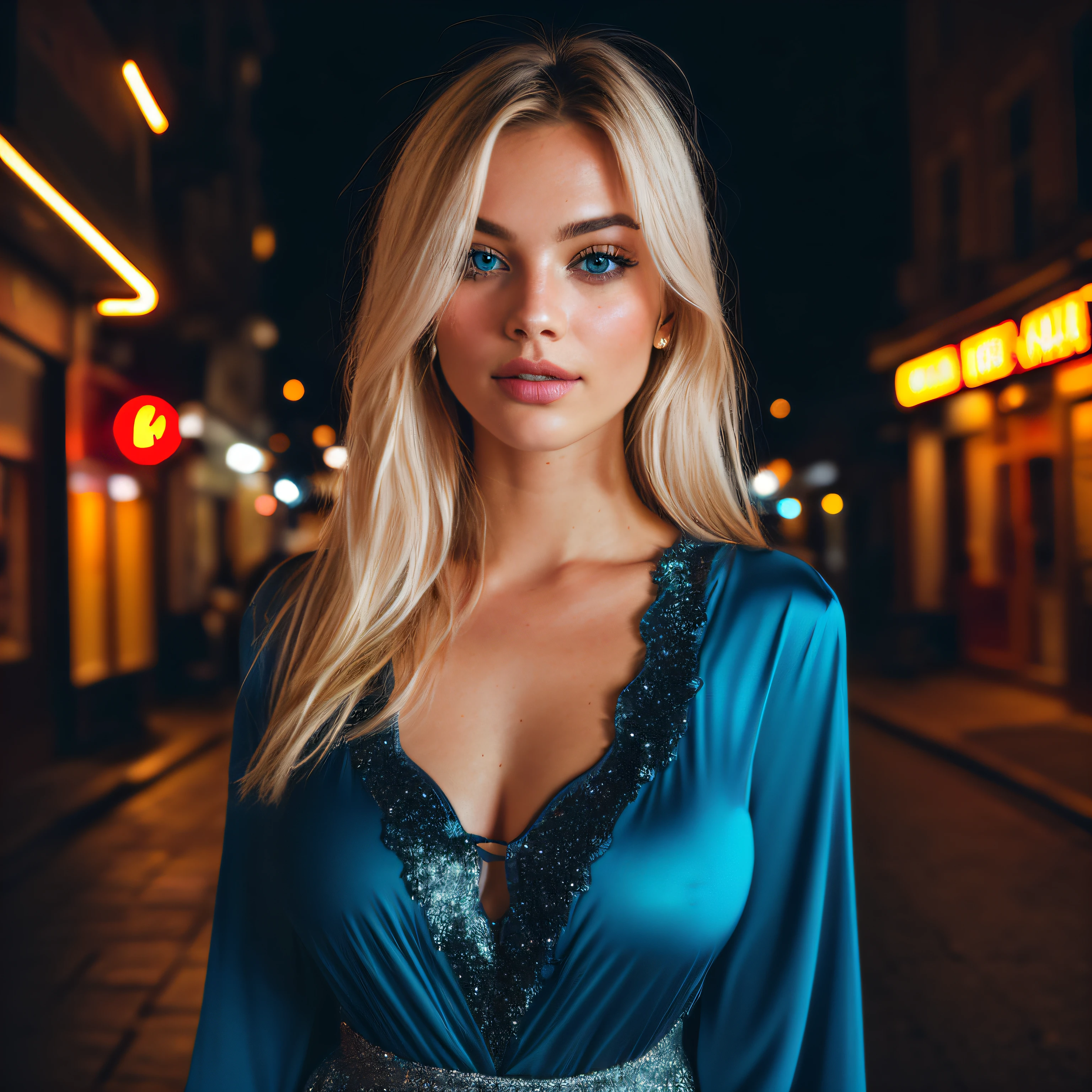 (selfie, vista do topo: 1.4), (metade reta do corpo: 1.4), Foto RAW uhd de uma loira de 24 anos (mulher de olhos azuis) andando por um beco escuro, Seios grandes,, city at noite, (saia), (decote), detalhes (texturas! , cabelo! , brilho, cor!! , desvantagens: 1.1), olhos brilhantes com muitos detalhes (looking at the camera), SLR Lighting, SLR camera, ultra-qualidade, nitidez, profundidade de campo, Film grain (Centro), Fujifilm XT3, claro como cristal, frame Centro, rosto bonito, sharp focus, street lamp, Neon lighting, Bokeh (mal iluminado), noite, (noite sky), poros detalhados da pele, pele oleosa, queimadura de sol, complex eye detalhes, corpo todo, Seios grandes