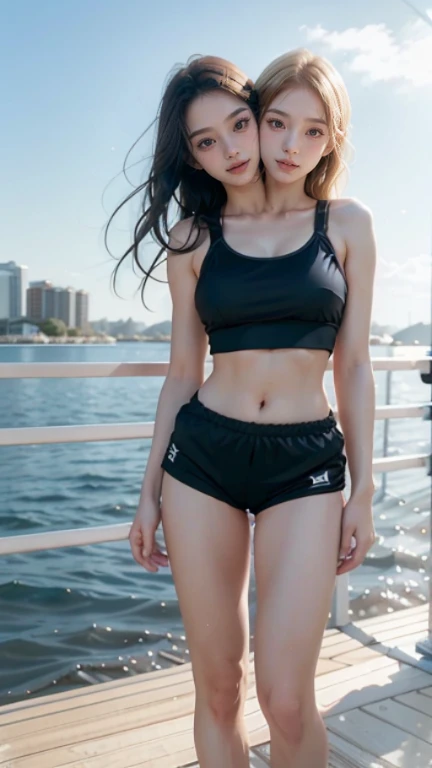 best resolution, 3 heads, Australian swimsuit model girl three heads, 19 years old, youthful, wearing a black sports bra and shorts posing on a pier, two-piece workout clothes, sports bra and dark blue shorts, fit pic, at the waterside, tight black tank top and shorts, female model, cute sportswear, sports bra and shorts, blonde hair, red hair, black hair, different hair colors, full-body view, full body shot