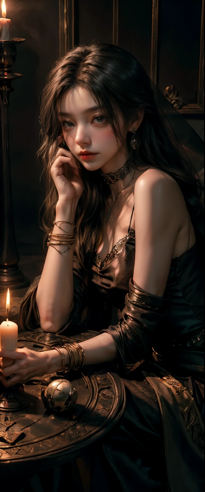 ((masterpiece, highest quality, Highest image quality, High resolution, photorealistic, Raw photo, 8K)), Tarot Cards, Tolkien, Middle Earth, (Tarot cards laid out on the table:1.2), (Fortune teller whose face is hidden by a veil:1.2), 8k, highly detailed, hyperrealistic, cinematic lighting, ambient lighting, Bridgette, as fortune teller, long, messy blond hair, earrings, choker, necklace, jewelry, rings, dark lipstick, dark makeup, circlet, sitting behind! a table, one! fortune teller orb on the table, one! skull on the table, candles, in a small dark medieval room, looking at viewert,